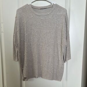 Zara Pearl-Studded Cream 3/4 Sleeve Top